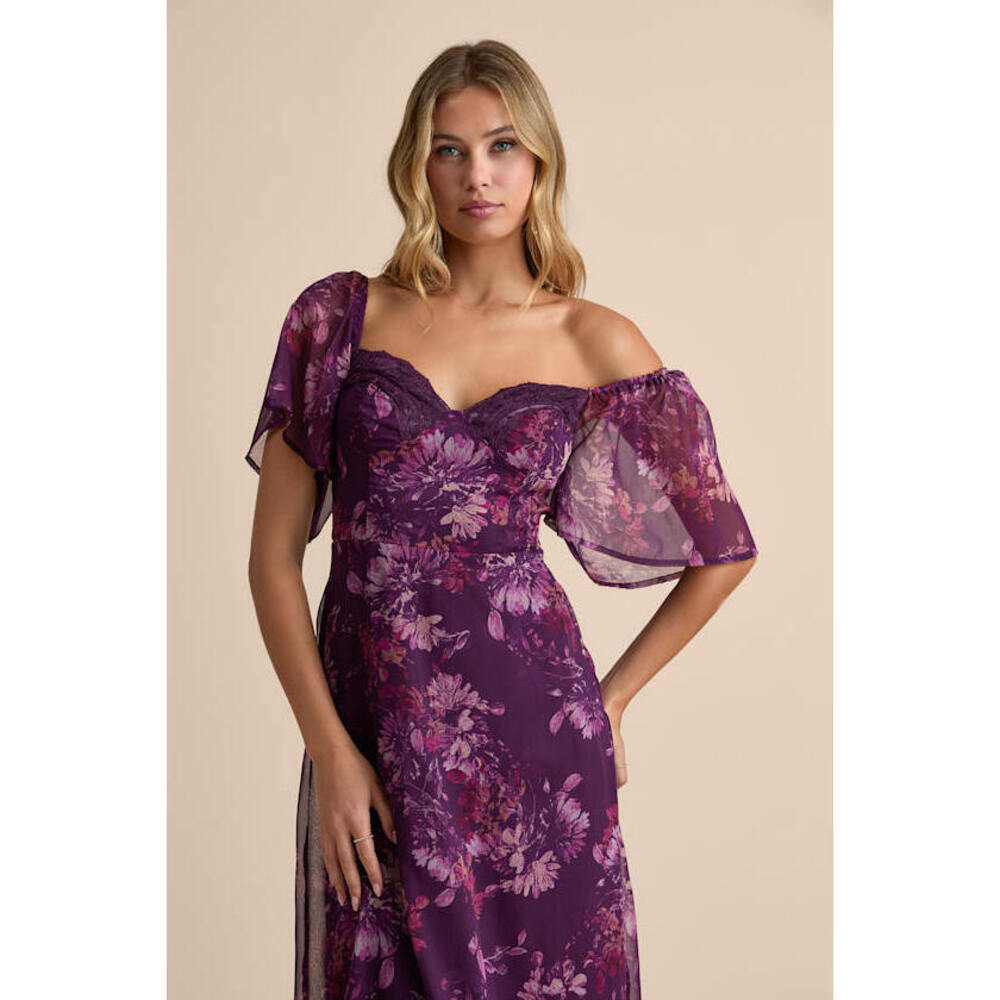 Lulus Valla Purple Floral Flutter Sleeve Midi Dress - Size XL